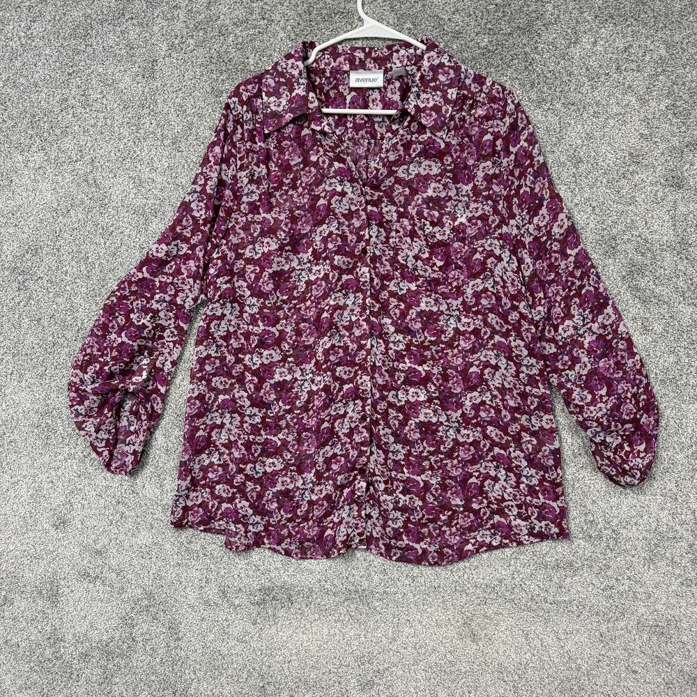 Avenue Blouse Womens 18/20 Plus Purple Floral Chiffon Boho Cottagecore Layering